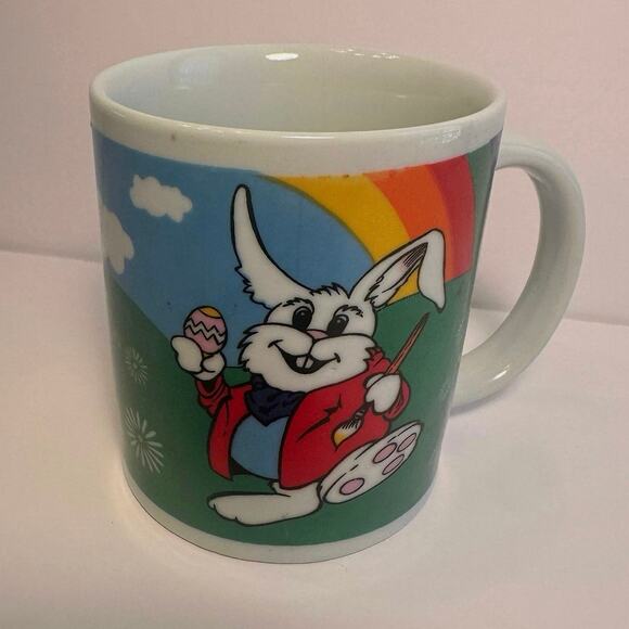 Vtg Bee International Easter Bunny Painting Egg Rainbow Coffee Mug Whimsy READ - Picture 2 of 12